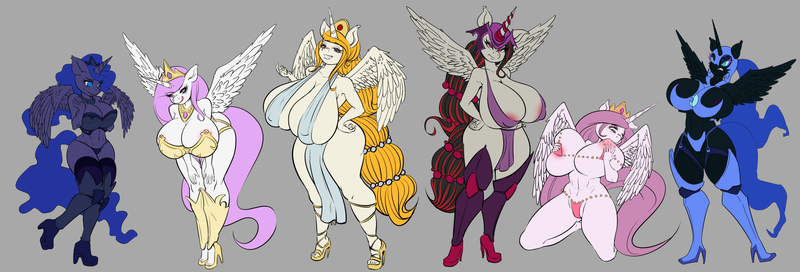 Size: 1804x613 | Tagged: alicorn, alicorn oc, anthro, anthro oc, areola, areola slip, armor, artist:mrkashkiet, big breasts, bikini, breast envy, breasts, busty nightmare moon, busty princess celestia, busty princess luna, busty princess molestia, clothes, derpibooru import, group, huge breasts, hyper breasts, impossibly large breasts, jealous luna, loincloth, nightmare moon, nipples, nudity, oc, oc:disynomia, oc:eunomia, original character do not steal, princess celestia, princess luna, princess molestia, questionable, royal sisters, self breastfeeding, skimpy, suckling, swimsuit, unconvincing armor, wip