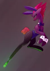 Size: 2480x3507 | Tagged: safe, artist:underpable, derpibooru import, tempest shadow, pony, unicorn, my little pony: the movie, blushing, bowtie, broken horn, bunny ears, bunny suit, clothes, cuffs (clothes), female, leotard, obsidian orb, solo