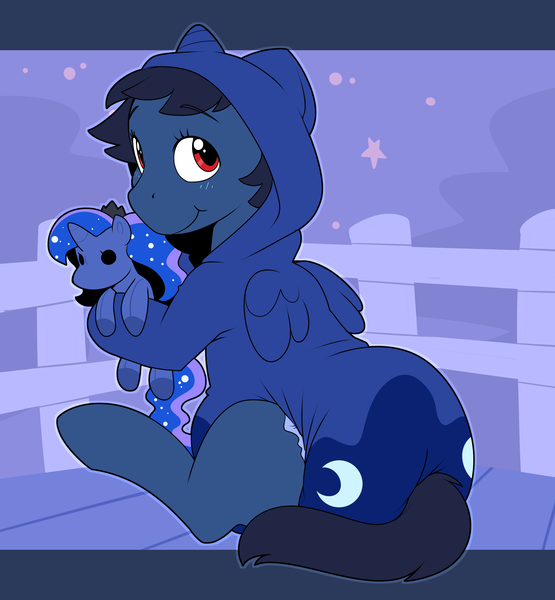 Size: 2776x3000 | Tagged: suggestive, artist:cuddlehooves, derpibooru import, princess luna, oc, oc:buckshot, unofficial characters only, earth pony, pony, adult foal, cute, diaper, diaper fetish, female, fetish, onesie, plushie, poofy diaper, sitting, smiling, solo, solo female