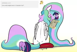 Size: 2349x1593 | Tagged: safe, artist:greyscaleart, derpibooru import, princess celestia, twilight sparkle, alicorn, pony, unicorn, the tiny apprentice, ask, cute, duo, exploring, female, filly, filly twilight sparkle, magic, now you're thinking with portals, pillow, portal, sitting, size difference, smol, telekinesis, tumblr, younger