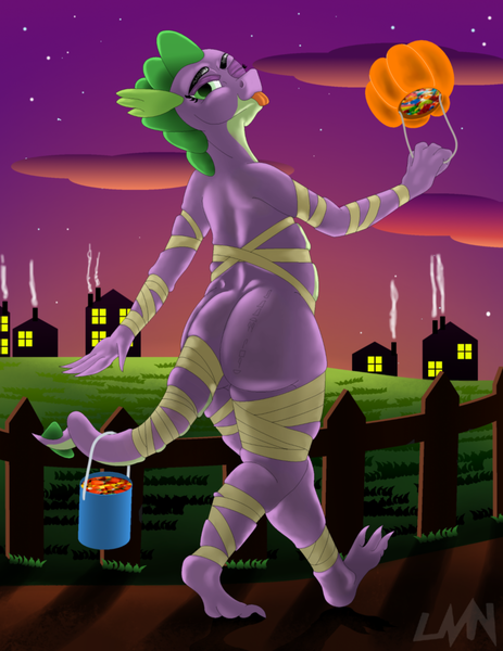 Size: 1500x1945 | Tagged: suggestive, artist:lvnnkartistries, derpibooru import, spike, dragon, :p, butt, candy, clothes, cosplay, costume, dragonbutt, femboy, food, halloween, holiday, male, mummy, pumpkin bucket, scenery, solo, solo male, sunset, tongue out