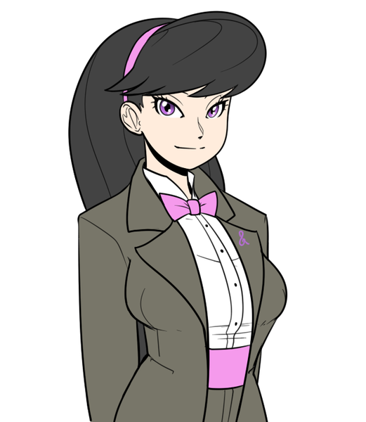 Size: 623x718 | Tagged: artist:reiduran, bowtie, clothes, dead source, derpibooru import, female, human, humanized, long hair, looking at you, octavia melody, safe, simple background, smiling, solo, suit, white background