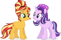 Size: 10347x6886 | Tagged: safe, artist:illumnious, derpibooru import, starlight glimmer, sunset shimmer, ponified, pony, unicorn, dance magic, mirror magic, spoiler:eqg specials, absurd resolution, alternate hairstyle, beanie, equestria girls outfit, equestria girls ponified, female, hat, mare, ponified humanized pony, simple background, transparent background, vector