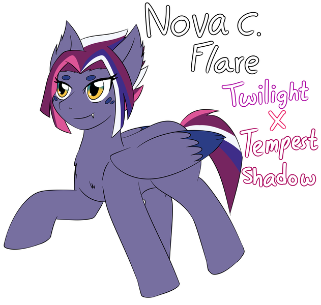 Size: 2914x2769 | Tagged: safe, artist:jolliapplegirl, derpibooru import, oc, oc:nova c. flare, unofficial characters only, pegasus, pony, my little pony: the movie, female, magical lesbian spawn, next generation, offspring, parent:tempest shadow, parent:twilight sparkle, parents:tempestlight, simple background, solo, white background