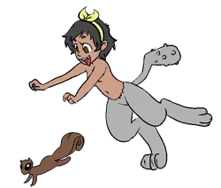 Size: 592x502 | Tagged: suggestive, artist:/d/non, derpibooru import, edit, edited edit, editor:gimpanon, oc, oc:laika, unofficial characters only, satyr, squirrel, casual nudity, chase, eyes on the prize, female, nudity, offspring, open mouth, parent:diamond dog, simple background, smiling, solo, solo female, strategically covered, tongue out, transparent background