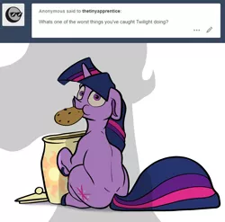 Size: 2321x2292 | Tagged: safe, artist:greyscaleart, derpibooru import, princess celestia, twilight sparkle, pony, unicorn, the tiny apprentice, ask, caught, cookie, cookie jar, cute, eating, female, filly, filly twilight sparkle, floppy ears, food, looking at you, looking back, offscreen character, pure unfiltered evil, shadow, sitting, tumblr, twilight stealing a cookie, younger