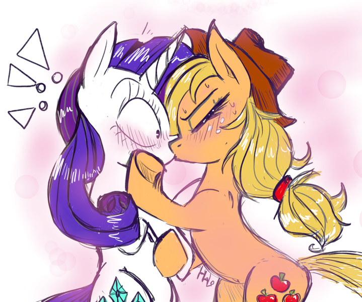 Size: 1338x1117 | Tagged: safe, artist:lavendire, derpibooru import, applejack, rarity, cute, female, jackabetes, kissing, lesbian, passionate, raribetes, rarijack, shipping