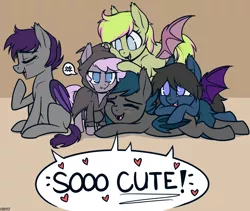 Size: 1818x1535 | Tagged: safe, artist:cold-blooded-twilight, artist:higgly-chan, derpibooru import, oc, oc:ipomoea, oc:nolegs, oc:sirocca, oc:speck, oc:vee, unofficial characters only, bat pony, bat pony oc, blushing, clothes, cuddle puddle, cuddling, heart, hoodie, pony pile, speech