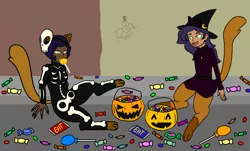 Size: 1500x903 | Tagged: artist:oneovertwo, bone, candy, clothes, costume, derpibooru import, food, halloween, holiday, my little pony: the movie, oc, oc:cooper, oc:jazz, offspring, parent:capper, pumpkin bucket, safe, satyr, skeleton, skeleton costume, unofficial characters only, witch