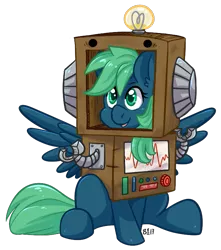 Size: 663x749 | Tagged: safe, artist:bloodorangepancakes, derpibooru import, oc, oc:emerald, unofficial characters only, pegasus, pony, robot, clothes, costume, female, mare, nightmare night costume, simple background, sitting, solo, transparent background