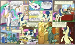 Size: 1920x1149 | Tagged: safe, artist:pencils, derpibooru import, bon bon, princess celestia, sweetie drops, oc, oc:glenda gullwind, alicorn, earth pony, gryphon, pony, comic:sunbutt sunday, bepis, cigar, clothes, coat, comic, crown, desk, dialogue, exclamation point, female, glasses, griffon oc, grin, hat, hoof hold, horseshoes, interrobang, j. jonah jameson, jewelry, looking back, magazine, mare, mouth hold, open mouth, paws, peytral, question mark, regalia, salute, secret agent sweetie drops, smiling, speech bubble, written equestrian