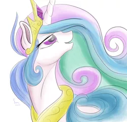 Size: 1024x980 | Tagged: safe, artist:firimil, derpibooru import, princess celestia, alicorn, pony, beautiful, best princess, bust, crown, ethereal mane, female, flowing mane, jewelry, lidded eyes, looking up, mare, multicolored mane, open mouth, peytral, praise the sun, purple eyes, regalia, simple background, solo, tiara