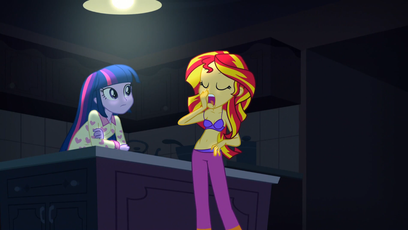 Size: 1440x811 | Tagged: suggestive, derpibooru import, edit, edited edit, edited screencap, editor:slayerbvc, screencap, sunset shimmer, twilight sparkle, equestria girls, rainbow rocks, bra, breasts, clothes, kitchen, off shoulder, pajamas, panties, purple underwear, underwear, underwear edit, yawn