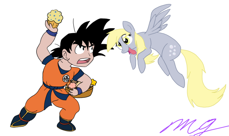 Size: 2776x1644 | Tagged: safe, artist:mjangelvortex, derpibooru import, derpy hooves, ditzy doo, pegasus, pony, :p, crossover, digital art, dragon ball, dragon ball z, dragonball z abridged, food, goku, hungry, mlem, muffin, old art, old art is old, simple background, son goku, team four star, tongue out, transparent background