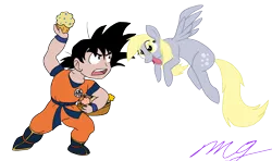 Size: 2776x1644 | Tagged: safe, artist:mjangelvortex, derpibooru import, derpy hooves, ditzy doo, pegasus, pony, :p, crossover, digital art, dragon ball, dragon ball z, dragonball z abridged, food, goku, hungry, mlem, muffin, old art, old art is old, simple background, son goku, team four star, tongue out, transparent background