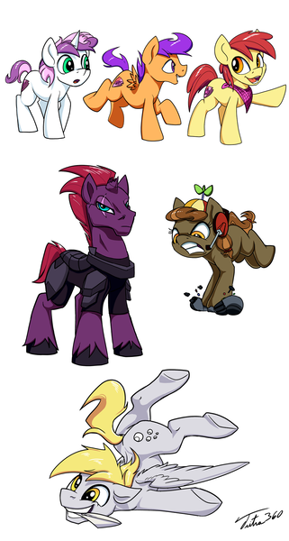 Size: 1200x2240 | Tagged: safe, artist:tsitra360, derpibooru import, apple bloom, button mash, derpy hooves, scootaloo, sweetie belle, tempest shadow, unicorn, my little pony: the movie, applebuck, armor, broken horn, colt, cutie mark crusaders, cyclone shade, dopey hooves, female, joystick (r63), male, rule 63, scooteroll, silver bell, simple background, smiling, stallion, white background