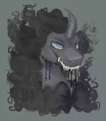 Size: 2200x2500 | Tagged: dead source, safe, artist:thefluffyvixen, derpibooru import, pony of shadows, pony, shadow play, curved horn, fangs, looking at you, male, salivating, sharp teeth, simple background, solo, stallion, teeth