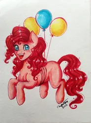 Size: 1532x2072 | Tagged: safe, artist:nifka22-02, derpibooru import, pinkie pie, earth pony, pony, balloon, female, floating, happy, mare, missing cutie mark, solo, then watch her balloons lift her up to the sky, traditional art