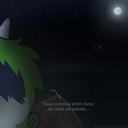 Size: 640x640 | Tagged: safe, artist:modocrisma, derpibooru import, oc, oc:melody springs, unofficial characters only, pony, unicorn, alternate universe, au:lbau, boat, female, filly, flashback, french, mare in the moon, moon, night, running away, translator:geistschlauch, tumblr, watermark