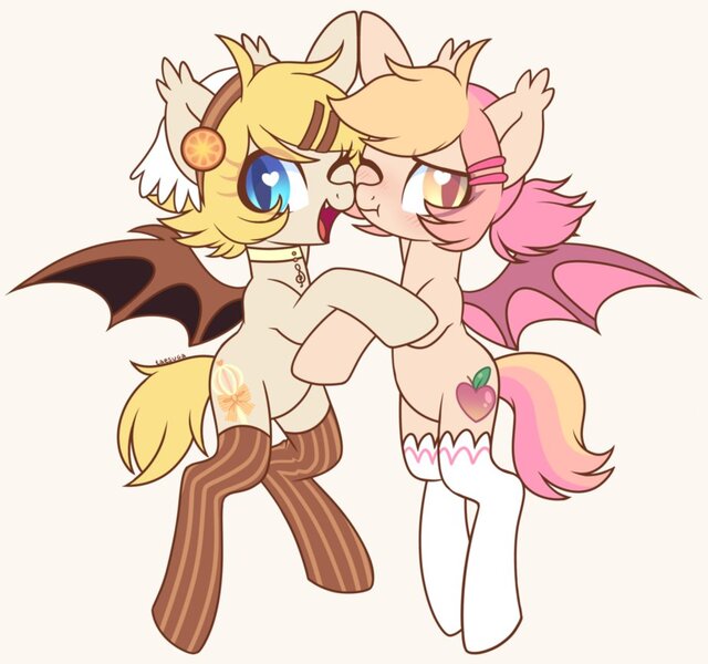 Size: 923x865 | Tagged: safe, artist:hawthornss, derpibooru import, oc, oc:pomme-pomme, oc:sweet magic, unofficial characters only, bat pony, pony, bat pony oc, blushing, clothes, cute, cute little fangs, ear fluff, fangs, looking at you, male, one eye closed, scrunchy face, simple background, socks, trap, twins, wink