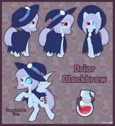 Size: 856x934 | Tagged: artist:hawthornss, cloak, clothes, derpibooru import, hat, looking at you, oc, oc:briar blackbrew, reference sheet, safe, unofficial characters only, vampire bat pony, witch hat