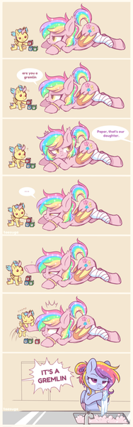 Size: 400x1277 | Tagged: safe, artist:hawthornss, derpibooru import, oc, oc:glittering cloud, oc:otter pop, oc:paper stars, unofficial characters only, bat pony, pegasus, pony, ..., :o, :t, amputee, annoyed, blocks, bracelet, colored wings, colored wingtips, comic, cute, cute little fangs, ear fluff, ear tufts, eyes closed, face down ass up, fangs, female, foal, frown, glare, hair bun, hnnng, hoof hold, jewelry, lidded eyes, magical lesbian spawn, mare, mother and daughter, nom, offspring, open mouth, prone, raised hoof, reaching, ring, shipping, sitting, smiling, sparkles, suspicious, unamused, underhoof, watching, weapons-grade cute, wedding ring