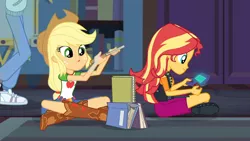 Size: 1426x802 | Tagged: safe, derpibooru import, screencap, applejack, sci-twi, sunset shimmer, twilight sparkle, equestria girls, equestria girls series, the finals countdown, book, silly, tongue out, video game