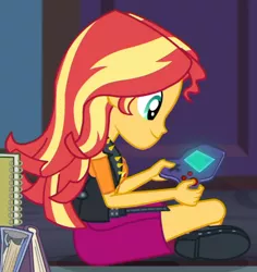 Size: 538x569 | Tagged: safe, derpibooru import, screencap, sunset shimmer, equestria girls, equestria girls series, the finals countdown, cropped, female, gamer sunset, solo, video game