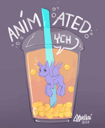 Size: 900x1100 | Tagged: safe, artist:varllai, derpibooru import, alicorn, pony, :t, animated, auction, bubble, bubble tea, commission, cup, cup of pony, floating, gray background, looking at you, micro, simple background, smiling, solo, spread wings, straw, tiny ponies, underwater, wings, your character here