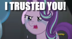 Size: 1280x699 | Tagged: safe, derpibooru import, edit, edited screencap, screencap, starlight glimmer, trixie, pony, unicorn, no second prances, betrayal, crying, discovery family logo, image macro, meme, upset