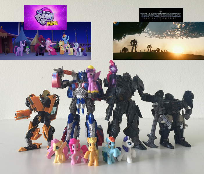 Size: 1280x1094 | Tagged: alicorn, applejack, barricade, bumblebee, clash of hasbro's titans, comparison, crossover, derpibooru import, fluttershy, mane six, megatron, merchandise, my little pony logo, my little pony: the movie, optimus prime, pinkie pie, rainbow dash, rarity, safe, tempest shadow, toy, transformers, transformers the last knight, twilight sparkle, twilight sparkle (alicorn)