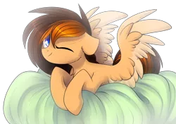 Size: 2829x1989 | Tagged: safe, artist:starlyflygallery, derpibooru import, oc, oc:aerion featherquill, unofficial characters only, pegasus, pony, commission, female, looking at you, mare, one eye closed, pillow, simple background, solo, transparent background, wings, wink, ych result