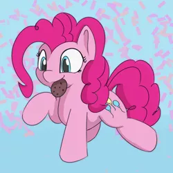 Size: 750x750 | Tagged: safe, artist:treekickerdraws, derpibooru import, pinkie pie, earth pony, pony, blue background, confetti, cookie, cute, diapinkes, female, food, mare, mouth hold, ponk, raised hoof, raised leg, simple background, smiling, solo