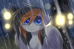 Size: 3000x2000 | Tagged: safe, artist:starlyflygallery, derpibooru import, oc, oc:rainy sky, unofficial characters only, pegasus, pony, commission, crying, detailed background, female, looking at you, mare, night, rain, sad, solo, wet mane, ych result