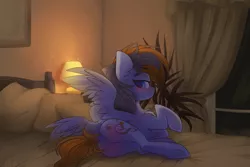 Size: 3000x2000 | Tagged: suggestive, artist:starlyflygallery, derpibooru import, oc, oc:rainy sky, unofficial characters only, pegasus, pony, bed, bedroom, bedroom eyes, blushing, blushing butt, cutie mark, detailed background, dock, female, flank, lamp, looking at you, looking back, mare, night, plot, prone, rear view, solo, spread wings, underhoof, wingboner, wings