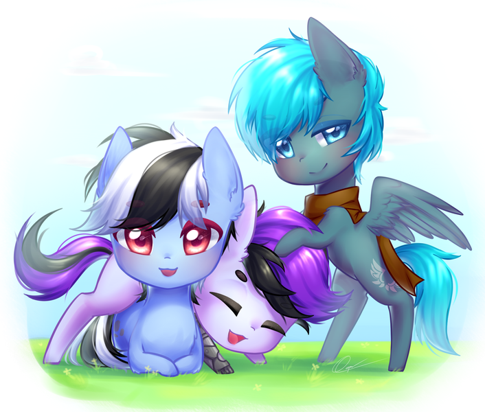 Size: 2000x1700 | Tagged: safe, artist:zukiq314, derpibooru import, oc, oc:alternate, oc:nathan, unofficial characters only, earth pony, pegasus, pony, amputee, chibi, clothes, commission, cute, eyes closed, looking at you, prosthetic leg, prosthetic limb, prosthetics, scarf, smiling, trio