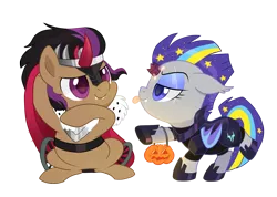 Size: 978x695 | Tagged: safe, artist:pepooni, derpibooru import, king sombra, stellar eclipse, tempest shadow, oc, oc:night lark, bat pony, pegasus, pony, my little pony: the movie, chibi, clothes, costume, female, male, mare, nightmare night costume, simple background, stallion, tongue out, transparent background, wheelchair