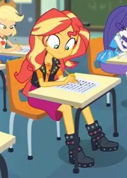 Size: 425x594 | Tagged: safe, derpibooru import, screencap, applejack, rarity, sunset shimmer, equestria girls, equestria girls series, the finals countdown, cropped, desk, pencil, sitting, solo focus