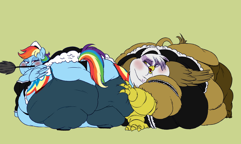 Size: 3507x2100 | Tagged: questionable, artist:mellowhen, derpibooru import, gilda, rainbow dash, gryphon, pony, ass, backwards cutie mark, belly, blushing, clothes, dress, fat, french maid, frills, gildough, grope, huge butt, impossibly large belly, impossibly large butt, lace, large butt, maid, morbidly obese, obese, rainblob dash, stockings, thigh highs