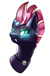 Size: 798x1200 | Tagged: safe, artist:rimmi1357, derpibooru import, tempest shadow, pony, unicorn, vampire, my little pony: the movie, broken horn, bust, eye scar, fangs, halloween, holiday, jewelry, necklace, portrait, scar, simple background, smiling, solo, transparent background