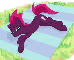 Size: 1230x1002 | Tagged: safe, artist:pencils, derpibooru import, fizzlepop berrytwist, tempest shadow, pony, unicorn, my little pony: the movie, broken horn, censored, female, looking at you, lying down, mare, picnic blanket, side, solo, underhoof