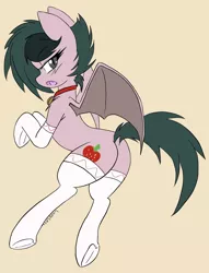Size: 916x1200 | Tagged: suggestive, artist:steelsoul, derpibooru import, oc, oc:strawberry heartbeat, unofficial characters only, bat pony, clothes, cute, dock, female, plot, socks, solo, solo female, two toned mane