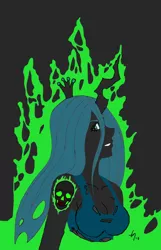 Size: 1212x1878 | Tagged: safe, artist:draftkid, artist:icey-wicey-1517, derpibooru import, queen chrysalis, human, black background, clothes, colored, crown, female, fire, horned humanization, humanized, jewelry, pony coloring, regalia, simple background, skull, solo, tanktop, tattoo