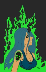 Size: 1212x1878 | Tagged: safe, artist:draftkid, artist:icey-wicey-1517, derpibooru import, queen chrysalis, human, black background, clothes, colored, crown, female, fire, horned humanization, humanized, jewelry, regalia, simple background, skull, solo, tanktop, tattoo