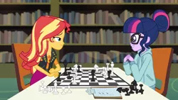 Size: 1366x768 | Tagged: safe, derpibooru import, screencap, sci-twi, sunset shimmer, twilight sparkle, equestria girls, equestria girls series, the finals countdown, book, bookshelf, checklist, chess, chessboard, chessboard incorrectly oriented, clothes, cute, gendo pose, hoodie, library, lidded eyes, looking at each other, smiling, twiabetes