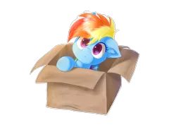 Size: 1707x1280 | Tagged: safe, artist:kaliner123, derpibooru import, rainbow dash, pegasus, pony, fanfic:my little dashie, box, cute, dashabetes, female, filly, filly rainbow dash, floppy ears, pony in a box, simple background, solo, transparent background, younger