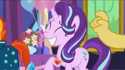 Size: 1136x640 | Tagged: balloon, big smile, celestial advice, derpibooru import, discord, equestrian pink heart of courage, eyes closed, flower, happy, paws, safe, season 7, starlight glimmer, sunburst, tail