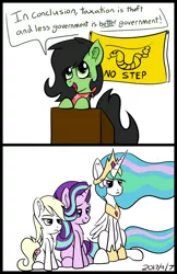 Size: 1400x2164 | Tagged: safe, derpibooru import, princess celestia, starlight glimmer, oc, oc:anonfilly, oc:aryanne, alicorn, pony, snake, angry, bandana, bipedal, bipedal leaning, celestia is not amused, chest fluff, cute, ear fluff, female, filly, flag, frown, gadsden flag, glare, hoof shoes, jewelry, leaning, libertarian, lidded eyes, mare, neckerchief, no step, no step on snek, peytral, podium, regalia, simple background, sitting, smiling, smirk, snek, speech, speech bubble, talking, tiara, time stamp, unamused, white background