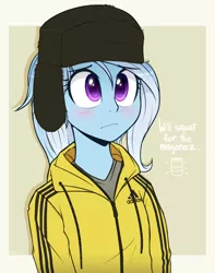 Size: 786x1000 | Tagged: safe, artist:higgly-chan, derpibooru import, trixie, equestria girls, adidas, alternate costumes, blushing, boris, clothes, female, gopnik, hat, hoodie, life of boris, sad, simple background, slav, solo, tracksuit, ushanka