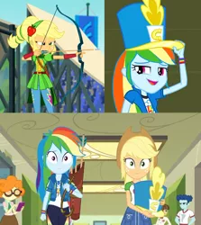 Size: 639x716 | Tagged: safe, derpibooru import, edit, screencap, applejack, curly winds, rainbow dash, scribble dee, some blue guy, wiz kid, a queen of clubs, equestria girls, equestria girls series, friendship games, bow (weapon), geode of super speed, hat, magical geodes, role reversal